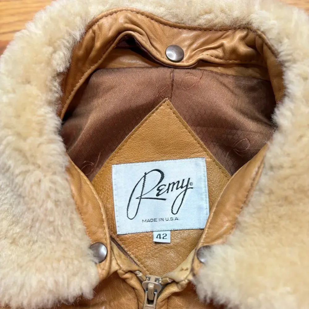Vintage 1980s Remy Leather Bomber Tan Jacket Mens Large USA Shearling Collar